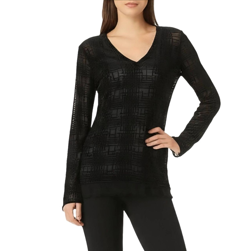 SIMPLY VERA WANG Womens Top XS Black Burnout Velvet Sheer‎ Lined Elegant